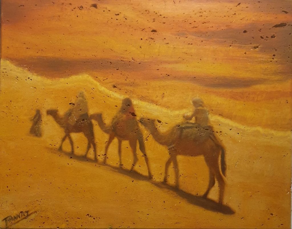 Marble painting on yellow travertino 2019